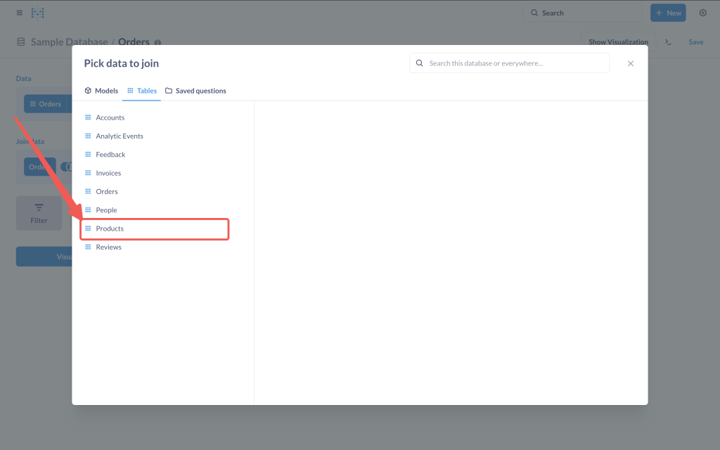 Klik tipe data source dengan Tables dan pilih nama table Products